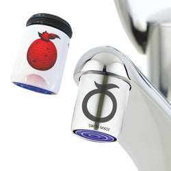 Mövenpick-Eis-Wassersparer am Wasserhahn in Edelstahl und in Farbe